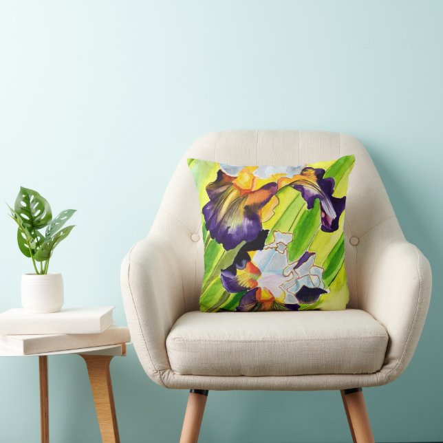 Watercolor floral iris purple green throw pillow (Chair)