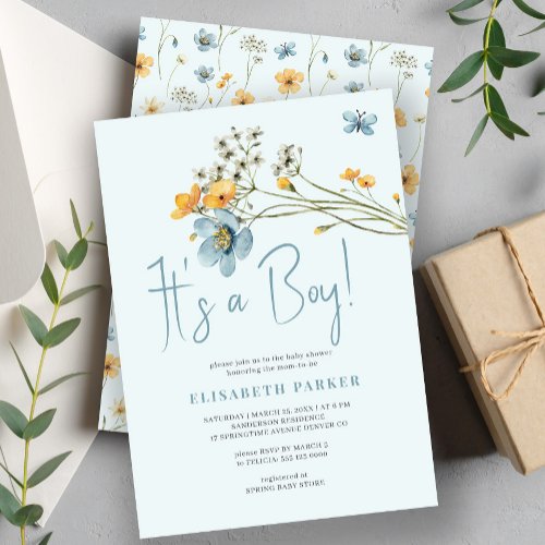 Watercolor floral its a boy blue baby shower  invitation