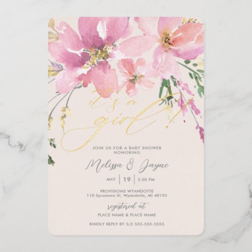 Watercolor Floral Its a Girl Baby Shower Foil Invitation