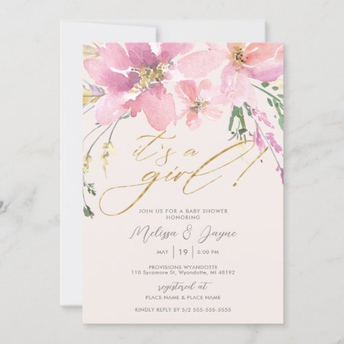 Watercolor Floral Its a Girl Baby Shower Invitation