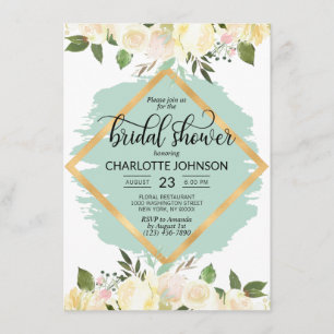 Watercolor Floral Ivory Mint Gold Bridal Shower Invitation