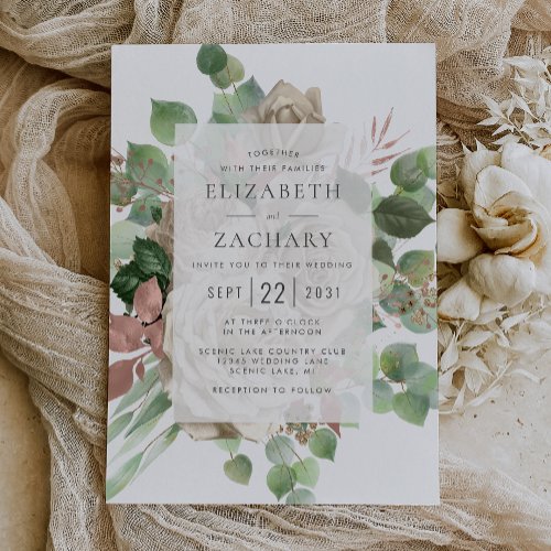 Watercolor Floral Ivory Rose Eucalyptus Wedding Invitation
