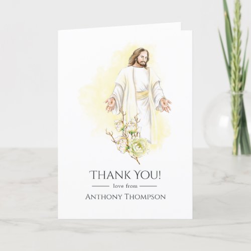 Watercolor Floral Jesus Baptism or Christening Thank You Card