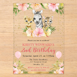 Watercolor Floral Jungle Animals Kids Birthday Acrylic Invitations
