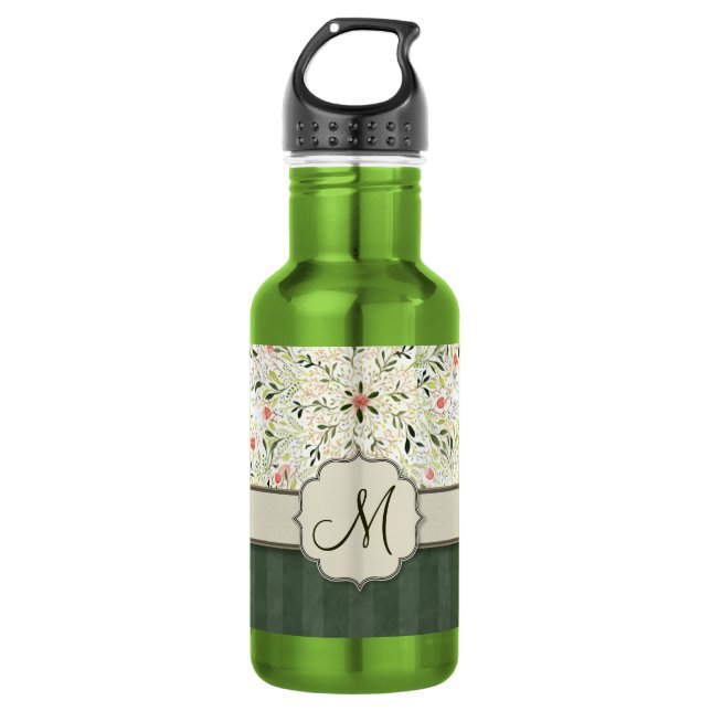 Watercolor Floral Kaleidoscope with Monogram Water Bottle (Front)