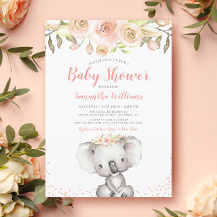 Watercolor Floral Koala Girl Baby Shower Invitation