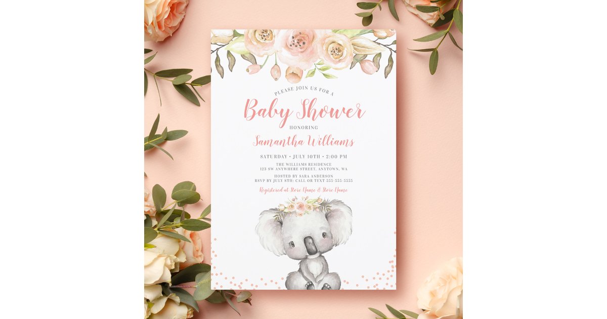 Watercolor Floral Koala Girl Baby Shower Invitation | Zazzle