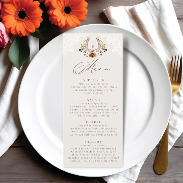 Watercolor Floral Lace Western Horseshoe Monogram Menu (Watercolor Floral Lace Western Horseshoe Monogram Menu)