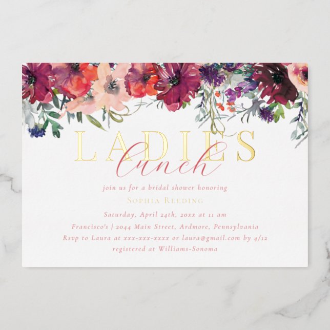 Watercolor Floral Ladies Lunch Bridal Shower Gold Foil Invitation (Front)