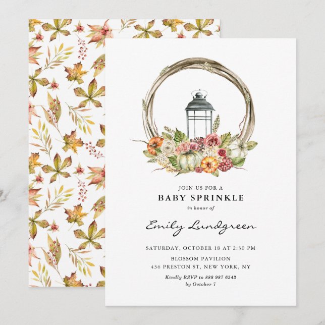 Watercolor Floral Lantern Wreath Baby Sprinkle Invitation (Front/Back)