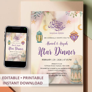 Watercolor Floral Lanterns Iftar Invitation