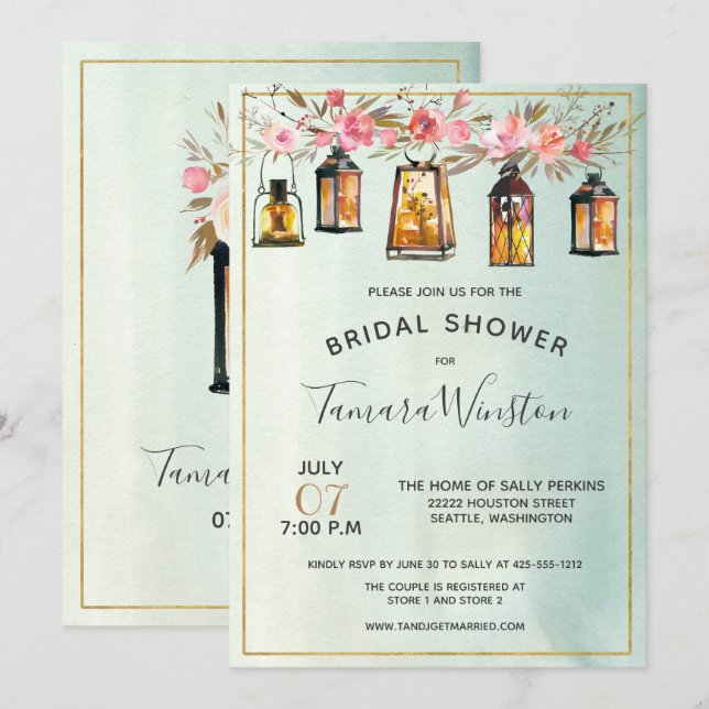 Watercolor Floral Lanterns Rose Gold Bridal Shower Invitation (Front/Back)