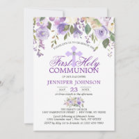 Watercolor Floral Lavender First Holy Communion Invitation