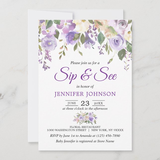 Watercolor Floral Lavender Purple Baby SIP & SEE Invitation (Front)