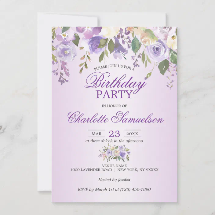 Watercolor Floral Lavender Purple Birthday Invitation Zazzle Com