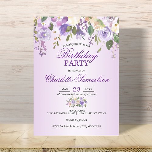 Watercolor Floral Lavender Purple BIRTHDAY Invitation