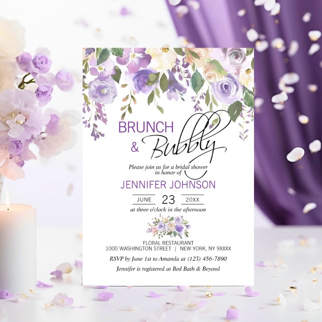 Watercolor Floral Lavender Purple Bridal Brunch Invitation