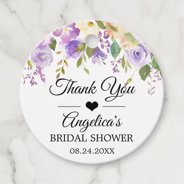 Watercolor Floral Lavender Purple Bridal Shower Favor Tags (Front)