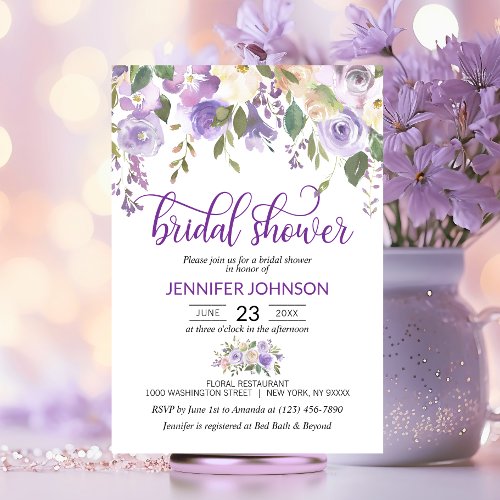 Watercolor Floral Lavender Purple Bridal Shower Invitation