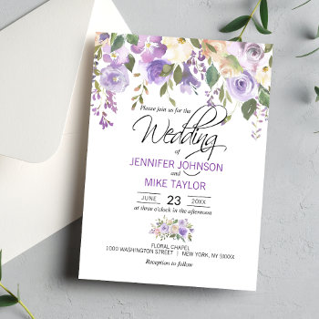 Watercolor Floral Lavender Purple Lilac Wedding Invitation by UniqueWeddingShop at Zazzle
