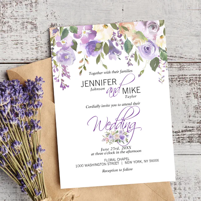 Watercolor Floral Lavender Purple Lilac Wedding Invitation | Zazzle