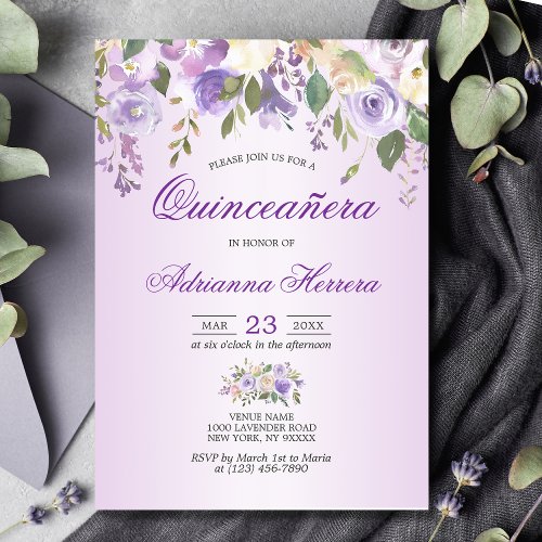 Watercolor Floral Lavender Purple Quinceaera Invitation