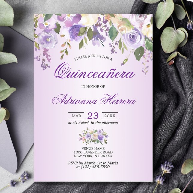 Watercolor Floral Lavender Purple Quinceañera Invitation
