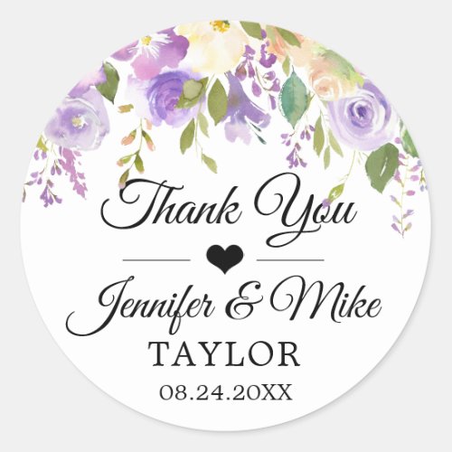 Watercolor Floral Lavender Purple Wedding Favor Classic Round Sticker