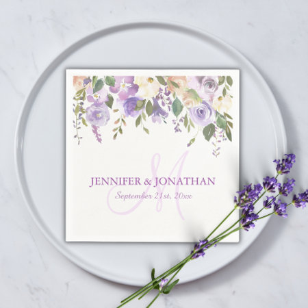 Watercolor Floral Lavender Purple Wreath Wedding Napkins