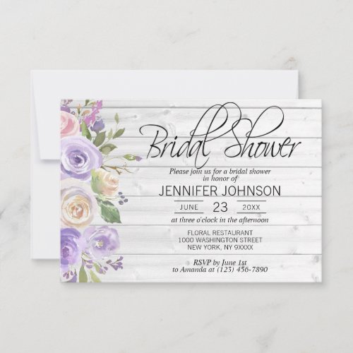 Watercolor Floral Lavender Rustic Bridal Shower Invitation