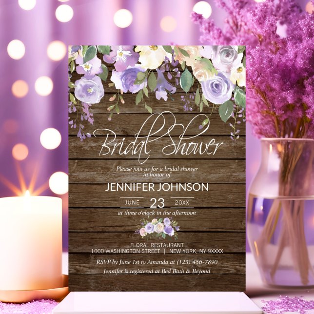 Watercolor Floral Lavender Rustic Bridal Shower Invitation