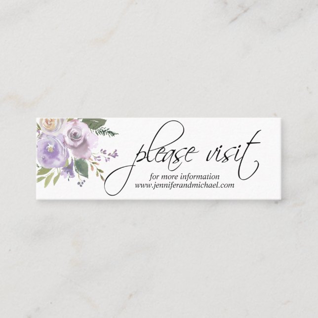 Watercolor Floral Lavender Wedding WEBSITE Info Mini Business Card (Front)
