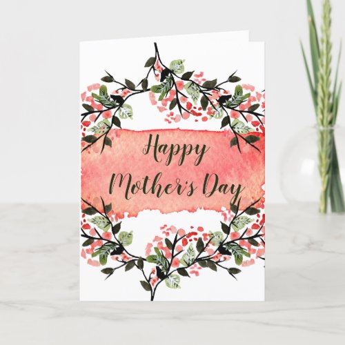 Watercolor Floral  Leaves Pink Green Mothers Day Holiday Card