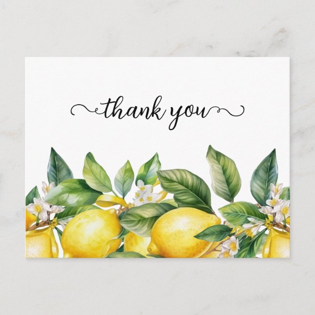 Watercolor Floral Lemon Border Thank You Postcard (Front)