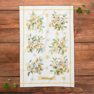 Watercolor Floral Lemon Branch Personalized Kitchen Towel