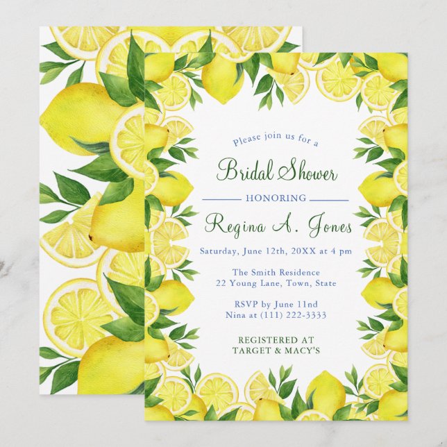 Watercolor Floral lemon fruit seamless border Invitation (Front/Back)