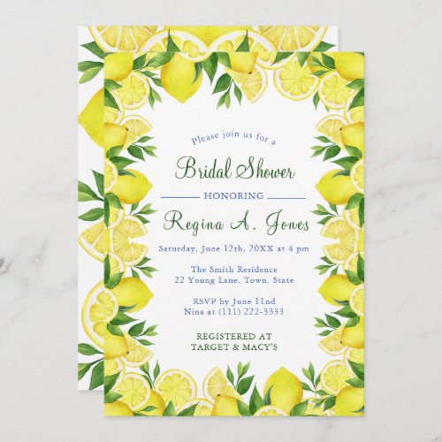 Watercolor Floral lemon fruit seamless border Invitation