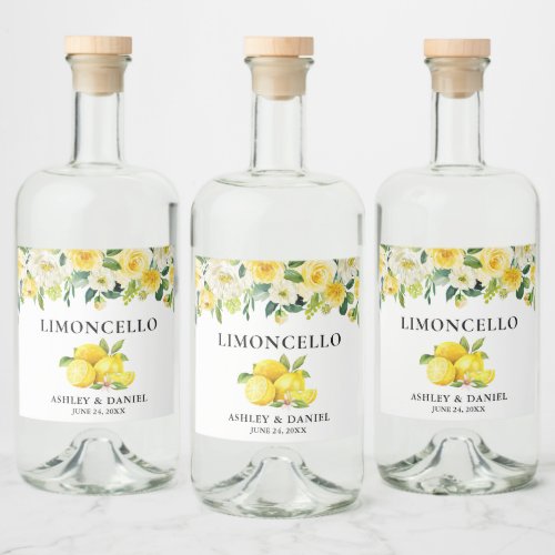 Watercolor Floral Lemons Limoncello Wedding Liquor Bottle Label