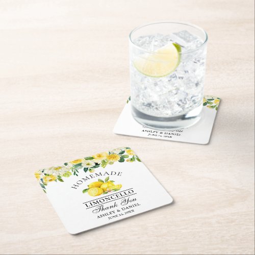 Watercolor Floral Lemons Limoncello Wedding Square Paper Coaster