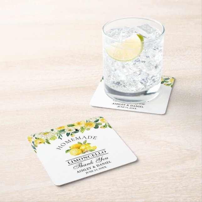 Watercolor Floral Lemons Limoncello Wedding Square Paper Coaster (Insitu)