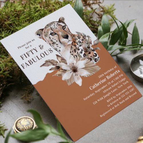 Watercolor Floral Leopard Fifty 50th Birthday Invitation