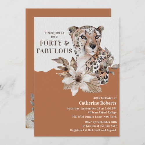 Watercolor Floral Leopard Forty 40th Birthday Invitation