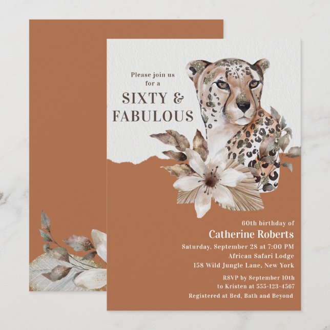 Watercolor Floral Leopard Sixty 60th Birthday Invitation (Front/Back)
