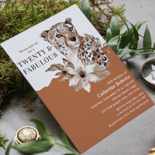 Watercolor Floral Leopard Twenty 20th Birthday Invitation