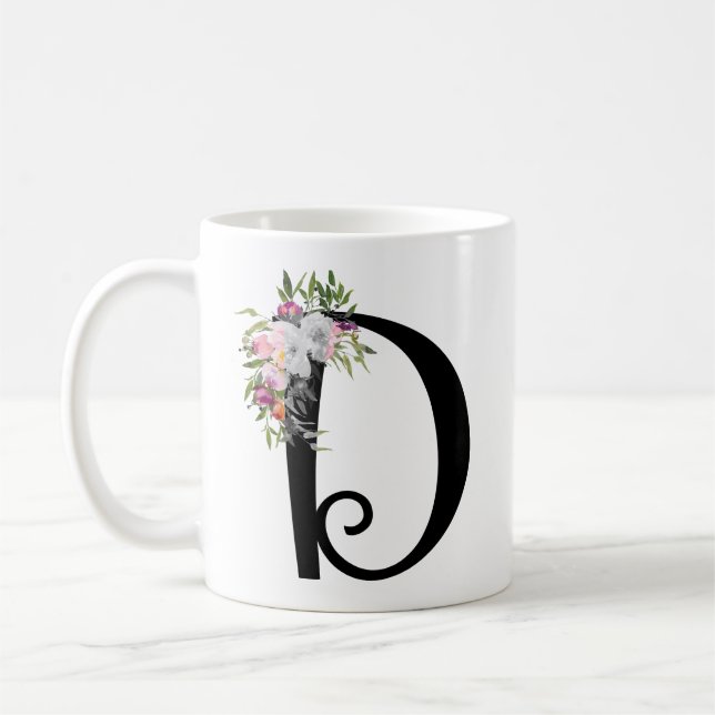 Watercolor Floral Letter D, Monogram Art Mug (Left)