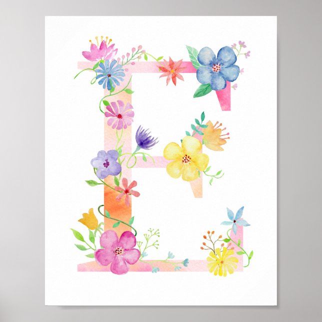 Watercolor Floral Letter E Poster (Front)
