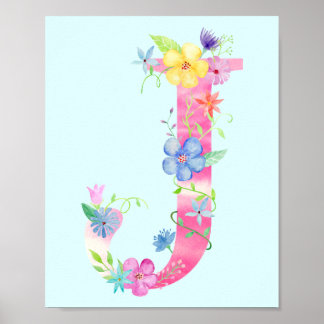 Watercolor Floral Letter J Poster