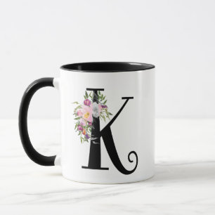 Watercolor Floral Letter K, Monogram Art Mug