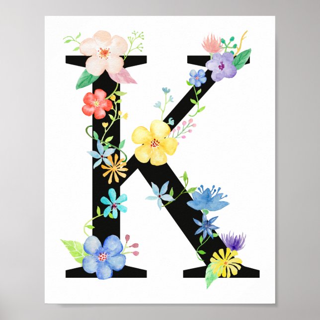 Watercolor Floral Letter K Poster (Front)