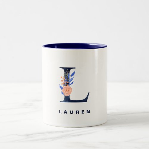 Watercolor Floral Letter L Navy Blue Monogram Two_Tone Coffee Mug